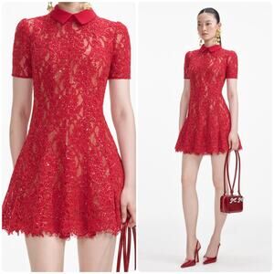 Self-Portrait Women's Red Sequin Lace Mini Dress short sleeve size 12 New